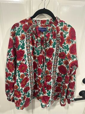 Ros Garden Women's Floral Tie-Neck Blouse - Red & Green